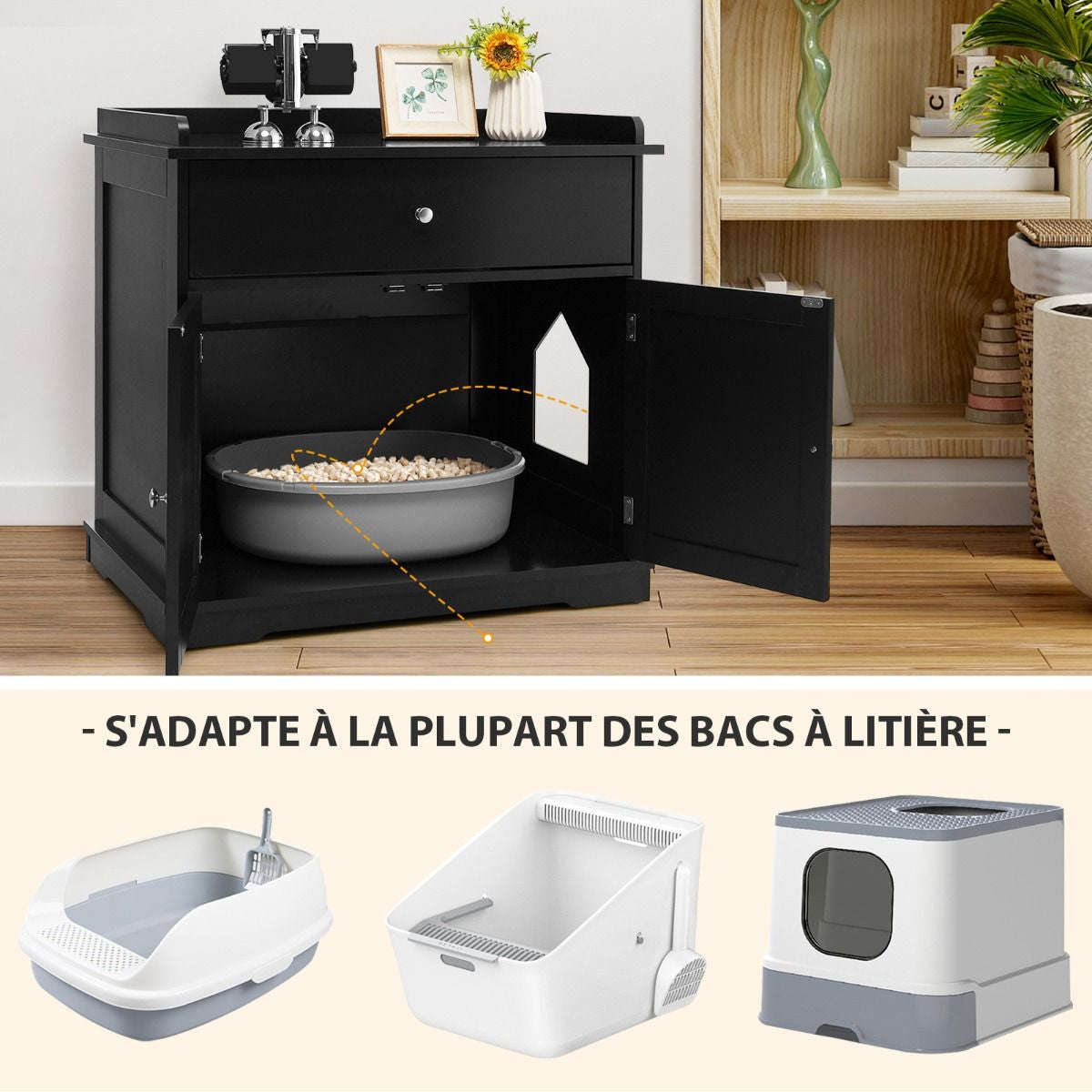 Enceinte De Bac À Litière Pour Chat Meubles De Toilette Cachés Pour Chat Avec Tiroir Et 2 Portes Table D'Appoint Pour Chat Blanc/Noir