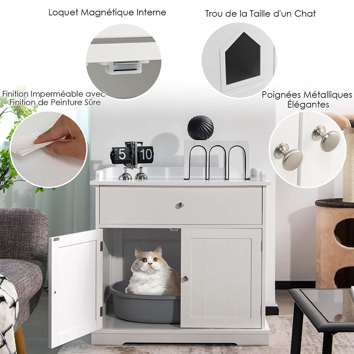 Enceinte De Bac À Litière Pour Chat Meubles De Toilette Cachés Pour Chat Avec Tiroir Et 2 Portes Table D'Appoint Pour Chat Blanc/Noir