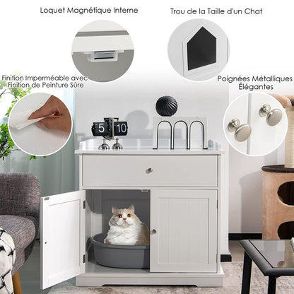 Enceinte De Bac À Litière Pour Chat Meubles De Toilette Cachés Pour Chat Avec Tiroir Et 2 Portes Table D'Appoint Pour Chat Blanc/Noir