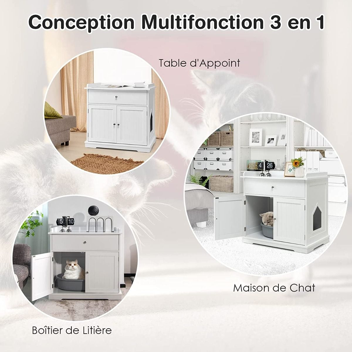 Enceinte De Bac À Litière Pour Chat Meubles De Toilette Cachés Pour Chat Avec Tiroir Et 2 Portes Table D'Appoint Pour Chat Blanc/Noir