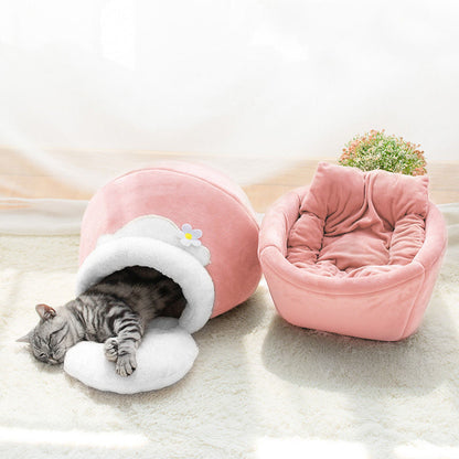 3-In-1 Cat and Dog Pet House Basin-Shaped Cave Soft Bed