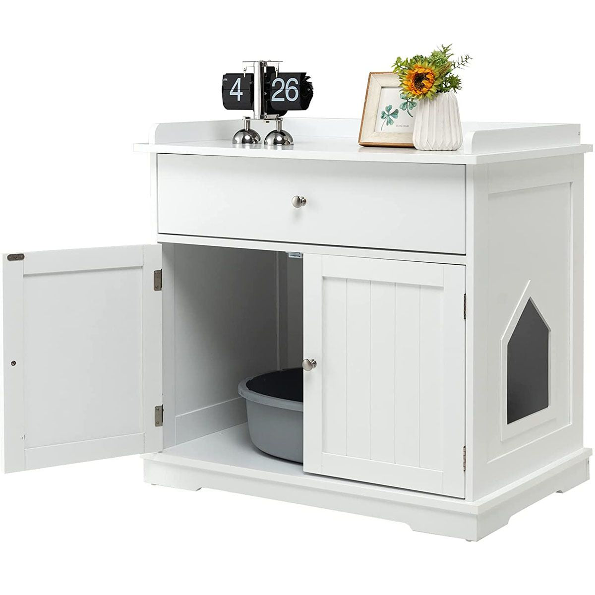 Enceinte De Bac À Litière Pour Chat Meubles De Toilette Cachés Pour Chat Avec Tiroir Et 2 Portes Table D'Appoint Pour Chat Blanc/Noir